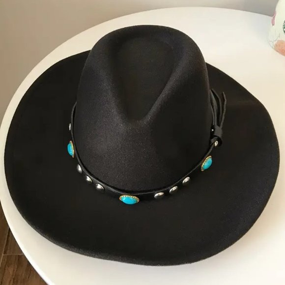 Other - Black Western Cowboy, Cowgirl Hat, Turquoise Strap, Men Women Retro‎ Wide Brim
